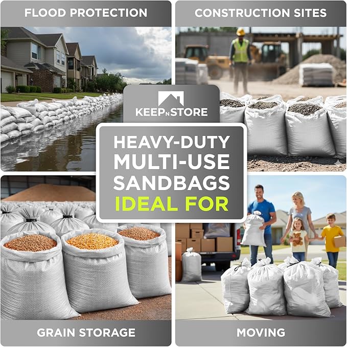 Heavy Duty Sand Bags Pack of 24, White Empty Sandbags with Built-In Ties, Woven Polypropylene UV Protection 1600 Hours, Fillable Bags for Flood Control, Weight, 10x14 inches, 15 Pounds Volume
