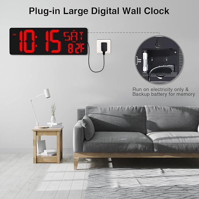 XREXS Large Digital Wall Clock with Remote Control, 16.5 Inch LED Large Display Count Up & Down Timer, Adjustable Brightness Alarm Clock with Day/Date/Temperature for Home, Gym, Office and Classroom