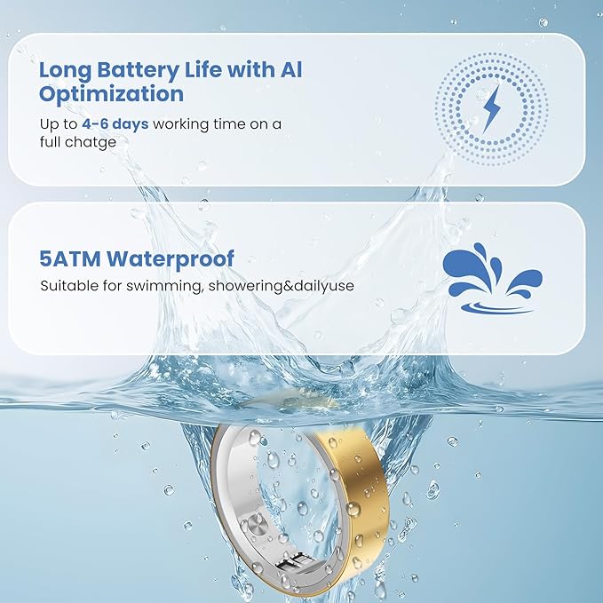 RQZ Smart Ring for Women Men, Fitness Tracker with Heart Rate Tracking, Sleep Tracking, Step Counter, Vibration Alert, 5ATM Waterproof, iOS Android Compatible, Gold Size 10