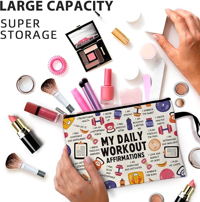 My Daily Workout Affirmations Funny Fitness Cosmetic Bag, Canvas Toiletry Storage Pouch Travel Zipper Makeup Bag, Gym Survival Kit for Women Sister Coworker Friens, Inspirational Mental Health Gifts