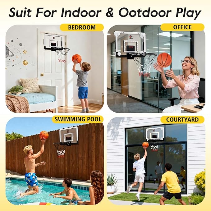 CYFIE LED Basketball Hoop, Suction Cup/Over The Door Basketball Hoop with Sturdy Backboard/Electronic Scoreboard, Sound, 3 Balls, Mini Indoor Basketball Toy Gifts for Kids Teens Boys Girls Youth