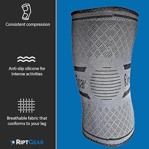 RiptGear Knee Compression Sleeve - 2 Pack - Braces for Knee Pain - Compression for Arthritis, Meniscus Tear, Running - Support for Women and Men - Sleeves Weightlifting (Large, Gray (2 Pack))
