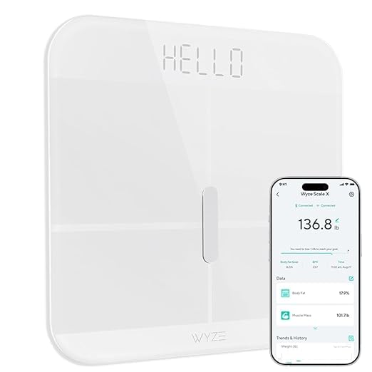 Wyze Smart Scale X - Digital Bathroom Scale for Body Weight, BMI, Body Fat, Muscle Mass, Heart Rate Monitor | ITO Glass & LED Backlight | Batteries Included, 400 lbs (White)