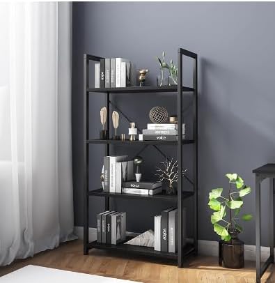 VERMESS 4 Tier Bookshelf, Tall Book Shelf, Vintage Industrial Bookcase with Open Display Shelves, Wood Storage Shelving Unit Metal Frame Standing Bookshelves for Bedroom/Home/Office, Black