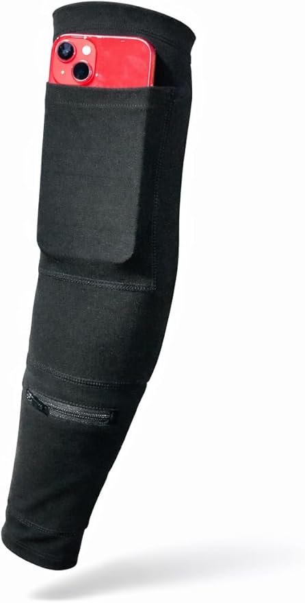 Hands-Free Arm Compression Sleeve with Secure Phone & Zipper Pocket - No-Bounce Running Arm Sleeve for Men & Women - Gym, Sports, & Workout (Black)