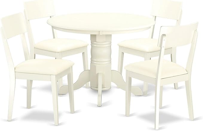 East West Furniture SHAD5-LWH-LC 5 Piece Kitchen Table & Chairs Set Includes a Round Dining Room Table with Pedestal and 4 Faux Leather Dining Room Chairs, 42x42 Inch, Linen White