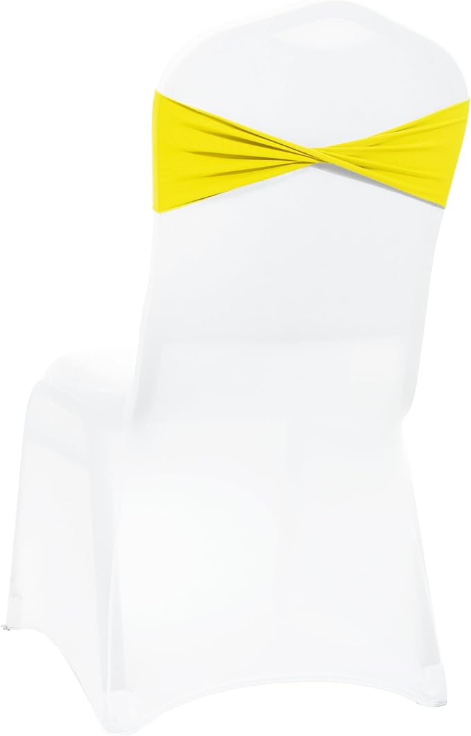 VDS Pack of 100 PCS | Yellow | Spandex Chair Sashes Bows Without Buckle | Stretch Elastic Banquet Universal Folding Chair Band Tie with for Wedding Party Conference Celebration Event Decoration