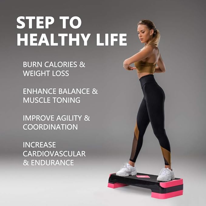 GYMMAGE Adjustable Workout Aerobic Stepper, Aerobic Exercise Step Platform with 2 Risers, Exercise Step Deck for Fitness, 26.5" Trainer Stepper with Non-Slip Surface Home Gym & Extra Risers Options
