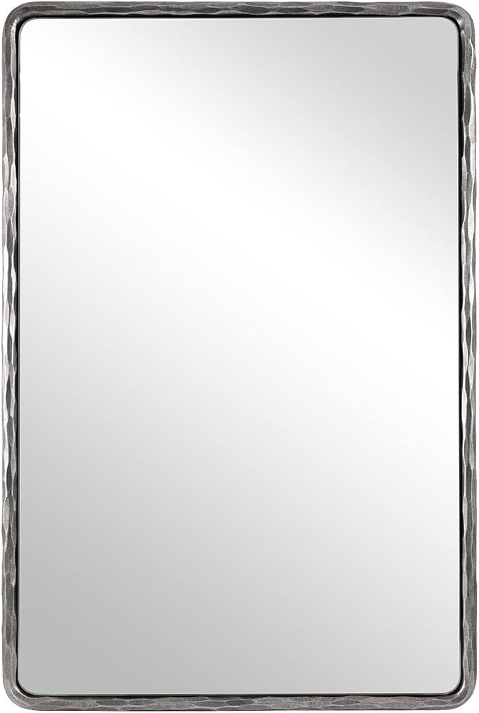 ANDY STAR Hand-Forged Silver Bathroom Mirror for Wall, 24x36 Inch Vintage Solid Steel Metal Frame Bathroom Vanity Mirror, Antique Rounded Rectangle Wall Mirror, Hangs Horizontally or Vertically