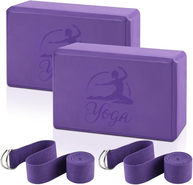 2 Yoga Block and 2 Yoga Strap Set,Non-slip EVA Foam Blocks, High Density Yoga Bricks with 6ft Strap, Supportive Latex-Free Yoga Block Accessories for Pilates
