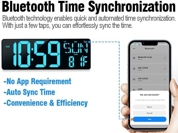 TXL 17.2" Large Digital Wall Clock Bluetooth Sync Time, LED Wall Clock with Date and Temperature, Count Up/Down Timer Clock with Remote Control, Adjustable Brightness Alarm Clock