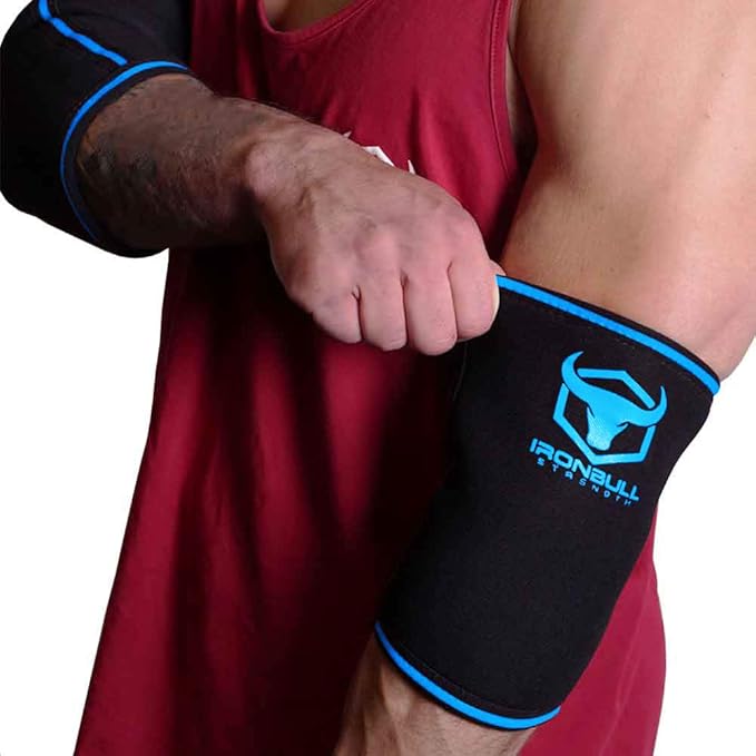 Elbow Sleeves 5mm (1 Pair) - High Performance Elbow Sleeve Support for Weightlifting, Weight Training & Powerlifting - Best Compression Straps - for Men and Women (Large, Black/Blue)