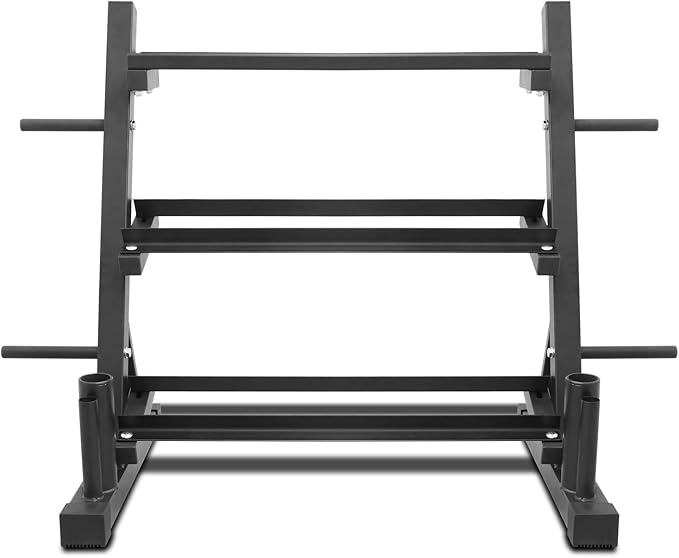 PENSUN Dumbbell Rack – 3 Tier Adjustable Weight Storage Stand with Side Barbell Plate Holder – Multi Purpose Home Gym Organizer for Dumbbells, Kettlebells, Barbell