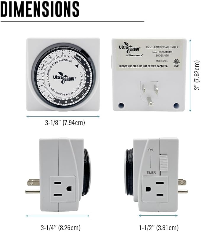 Dual Outlet 24 Hour 120V Mechanical Plug-in Timer Grounded, Wall Plug 3-Prong Outlet with On/Off Switch. Timer for Fans, Christmas Lights, Aquarium, Pins up and Down Program120-Volt