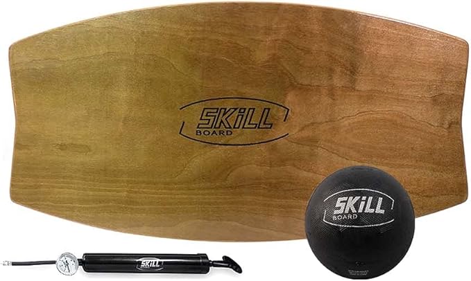 The Skill Board - Wooden Balance Board for Adults - Wobble Board for All Sports, Gym, Standing Desk, or Yard Games - Balance Trainer, Fitness Ball, Ball Pump, Grip Tape