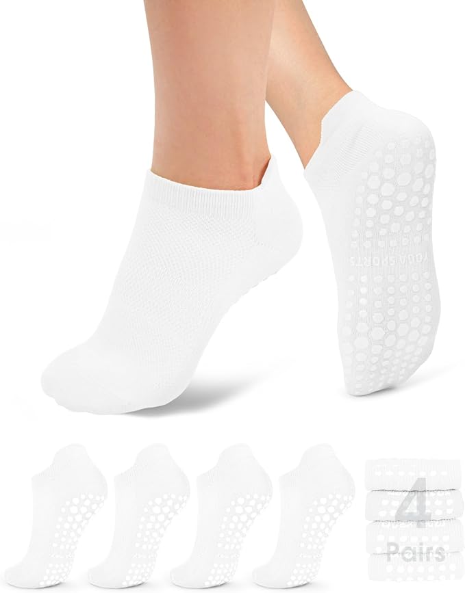 yeuG Pilates Socks for Women Non Slip Grip Socks for Yoga, Barre, Hospital, Barefoot Grippy Yoga Sock Womens Gifts 4 Pairs