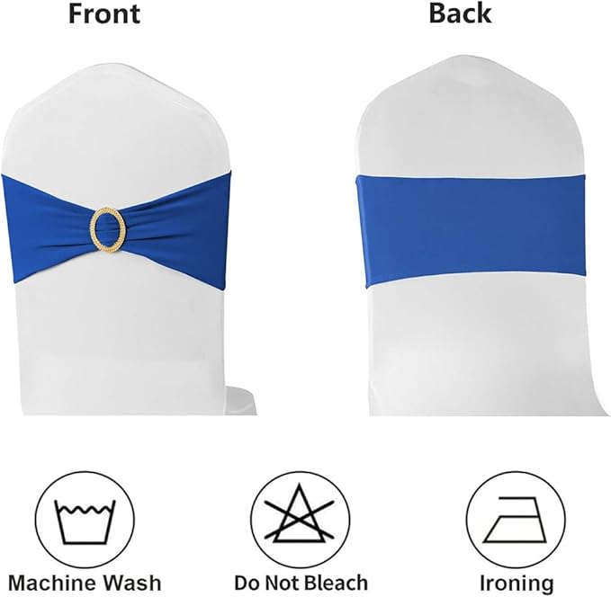 Royal Blue Chair Sashes 50 Pack, Spandex Blue Chair Bows with Gold Buckle for Wedding Decoration, Stretch Blue Chairs Bands for Party Banquet Gender Reveal Décor