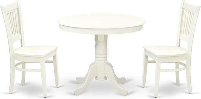 East West Furniture ANVA3-LWH-W 3 Piece Dining Room Furniture Set Contains a Round Dining Table with Pedestal and 2 Wood Seat Chairs, 36x36 Inch, Linen White