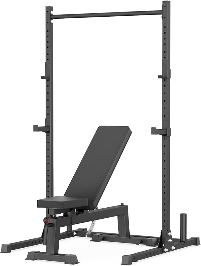 papababe Squat Rack with Pull Up Bar for Home Gym, Adjustable Power Cage with J-Hooks, 800LB Capacity Multi-Functional Bench Press Power Rack for 6FT, 7FT Barbell, Weight Lifting Rack