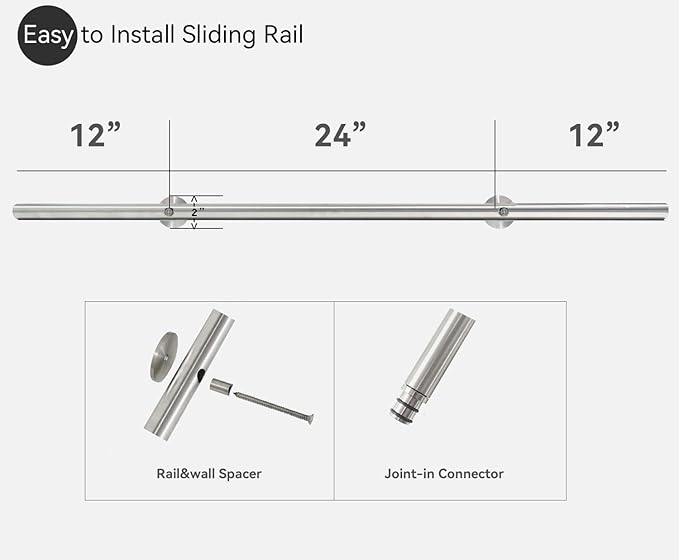 DIYHD 4FT Stainless Steel Sliding Rail with Mounting Disc and Joint in Connector