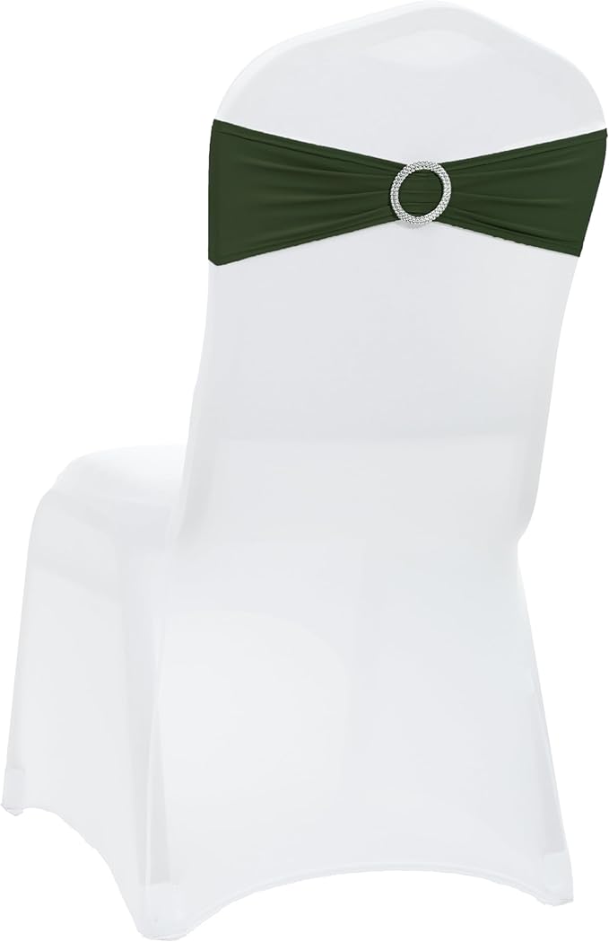 VDS - Olive | Spandex Chair Sashes Bows | 250 PCS | Stretch Elastic Banquet Universal Folding Chair Band Tie with Silver Buckle Slider for Wedding Party Conference Celebration Event Decoration