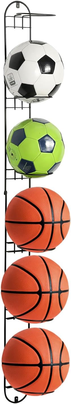 MyGift Modern Black Metal Sports Ball Storage Rack, Medicine Ball, Basketball, Soccer Ball, Volleyball Wall Holder for Gym or Garage