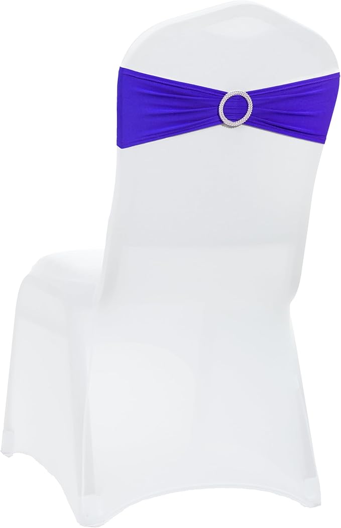 VDS - Royal Blue | Spandex Chair Sashes Bows | 50 PCS | Stretch Elastic Banquet Universal Folding Chair Band Tie with Silver Buckle Slider for Wedding Party Conference Celebration Event Decoration