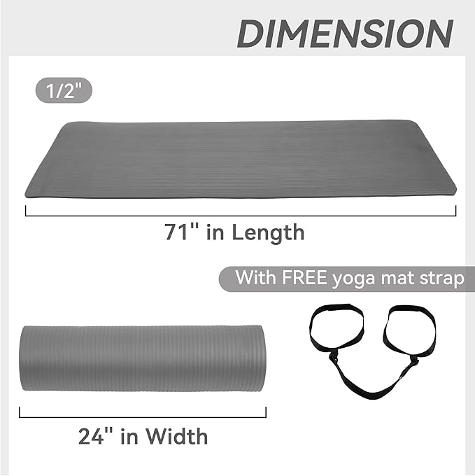 Fitvids Yoga Mat, 1/2-Inch Extra Thick High Density Exercise Mat, Anti-Tear Exercise Yoga Mat with Carrying Strap, Suitable for Various Yoga Exercises