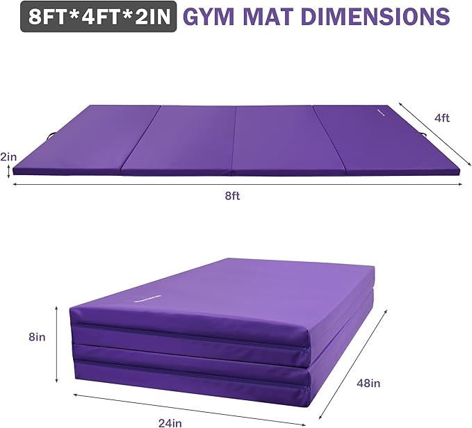 Fitvids Folding Exercise Gymnastics Mat 4'x8'x2" Gym Workout Mat with Carrying Handles High-Density Portable Fitness Aerobics Mats for Home Gym Yoga Pilates Tumbling MMA Core Training, Multiple Colors