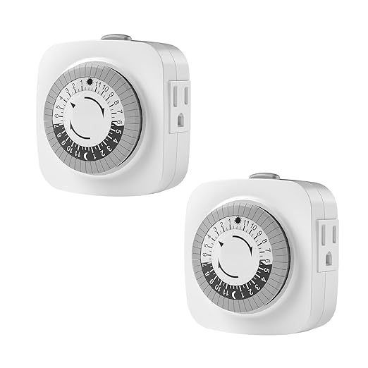 24 Hour Indoor Mechanical Timer with 2 Ground 3 Plug Socket Timer，30 min Daily on/Off Cycle for Lamps, Christmas Tree Lights, ETL Certified, White，2 Pack