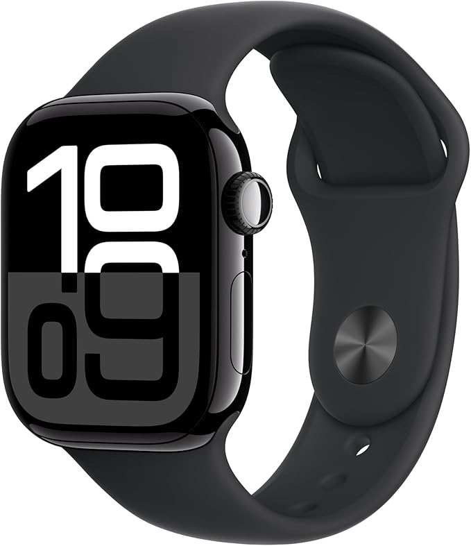 Apple Watch Series 10 [GPS + Cellular 42mm case] Smartwatch with Jet Black Aluminum Case with Black Sport Band - S/M. Fitness Tracker, ECG App, Always-On Retina Display, Water Resistant