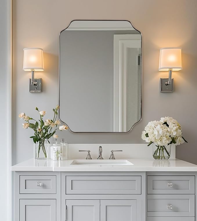ANDY STAR Scalloped Bathroom Mirror, 22x30’’ Brushed Nickel Rectangle Mirror, Silver Bathroom Vanity Mirror, Modern Scalloped Edge Design in Rust-Proof Stainless Steel 1” Frame
