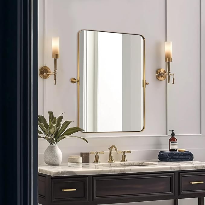 MOON MIRROR Brushed Gold Pivot Mirror,Brass Tilt Vanity Rectangle for Bathroom, Overall 26.33 x 30 in (Mirror 22x 30 in)