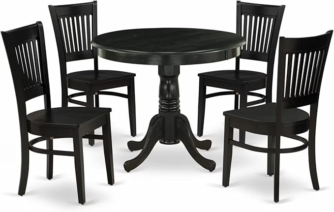 East West Furniture ANVA5-BLK-W 5 Piece Modern Dining Table Set Includes a Round Kitchen Table with Pedestal and 4 Dining Room Chairs, 36x36 Inch, Black