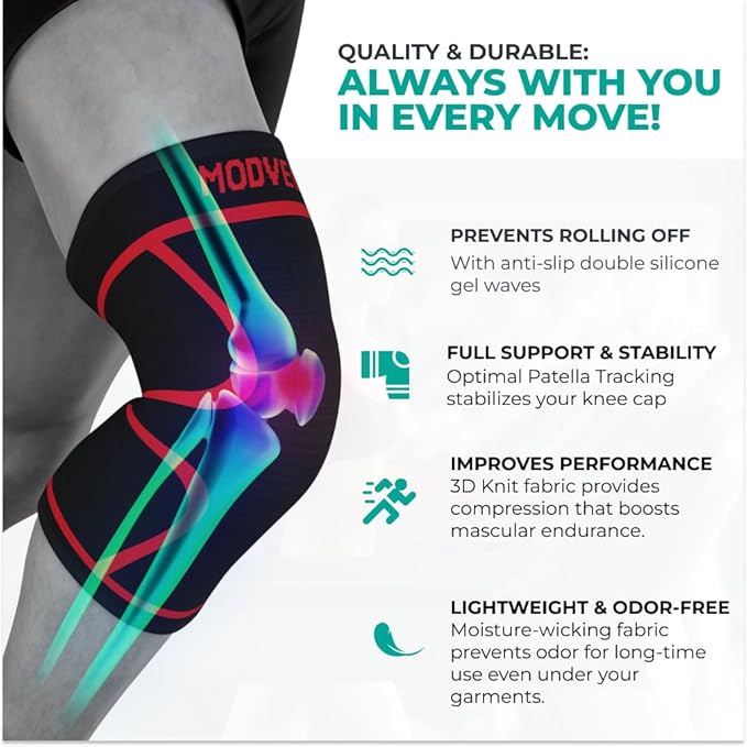 Modvel Knee Braces for Women & Men – 2 Pack Brace Set, Compression Sleeves for Meniscus Tear, ACL & Arthritis Pain Relief, Joint Support and Stability – Red L