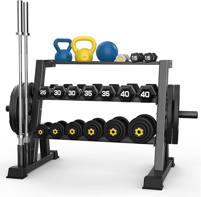 3-Tier Weight Rack, Dumbbell Kettlebell Rack 1100LB Capacity Weight Plate and Curl Bar Storage for Home Gym
