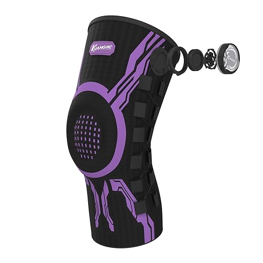 Kuangmi Knob Knee Brace for Pain Relief, Knee Support with Patella Gel Pad & Side Stabilizers, Compression Knee Sleeve for Workout, Arthritis, Joint Pain, Meniscus Tear (Purple Black,Left,Large,Single)