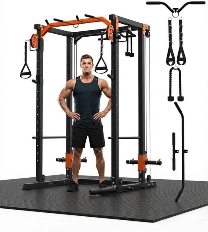 Power Cage with LAT Pulldown & Cable Crossover System, 2000LBS Multi-Functional Power Rack, All-in-1 Weight Cage Home Gym with Adjustable Pulley System, Squat Rack for Garage, Home