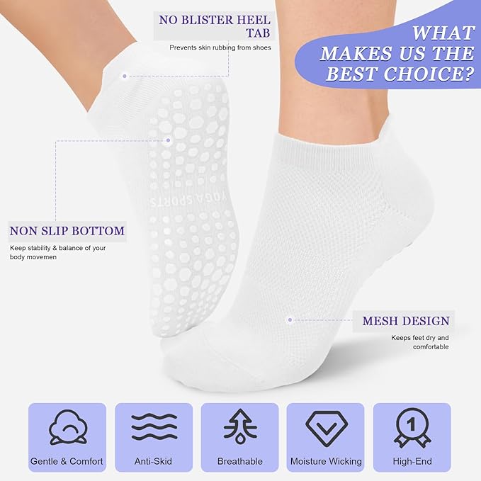 yeuG Pilates Socks for Women Non Slip Grip Socks for Yoga, Barre, Hospital, Barefoot Grippy Yoga Sock Womens Gifts 4 Pairs