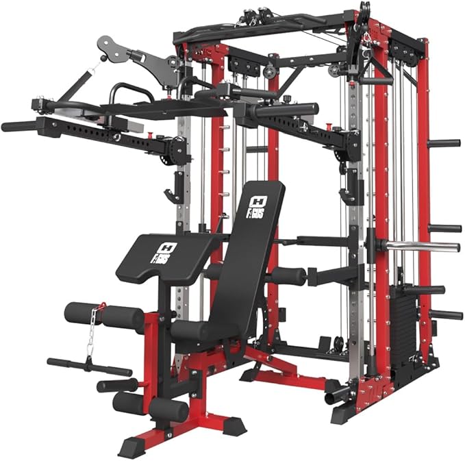 Commercial Smithe Machine with Dual Weight Stacks, Power Cage Squat Rack with Lever Arm & Leg Press Attachment, Multi-Function Linear Bearing Cable Crossover Machine for Home Gym