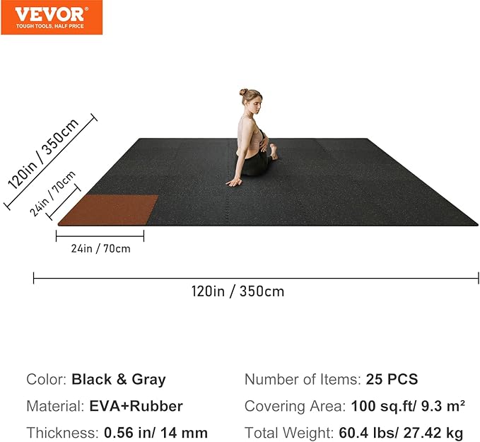 VEVOR 0.56Inch 100sq.ft Exercise Equipment Mats, 25 Tiles Upgraded Rubber Top with High Density EVA Foam, Interlocking Gym Flooring for Home Gym, 25 x 25In Gym Mats, Puzzle Workout Mats, Black & Gray