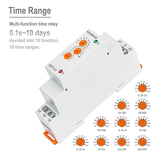 Baomain Multi-Function Time Relay, 16A SPDT 10-Functions, DIN Rail Mounting Timer Relay TBT7-A1 (1-SPDT, 12-240VAC/DC)