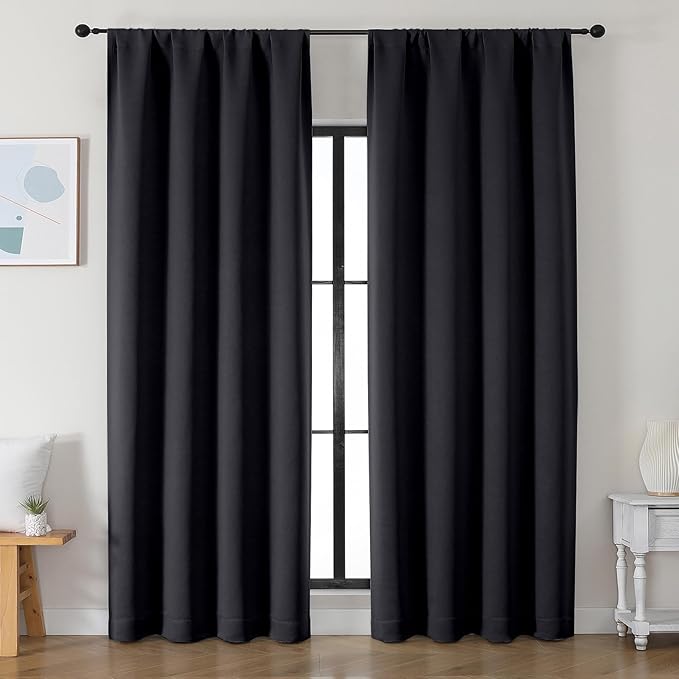 Simplebrand Ava Halloween Black Blackout Curtains for Bedroom 90 Inches Long 2 Panels Set, Solid Privacy Energy Saving Living Room Window Treatment Curtains Blackout Drapes, W50 x L90 Inch, Black