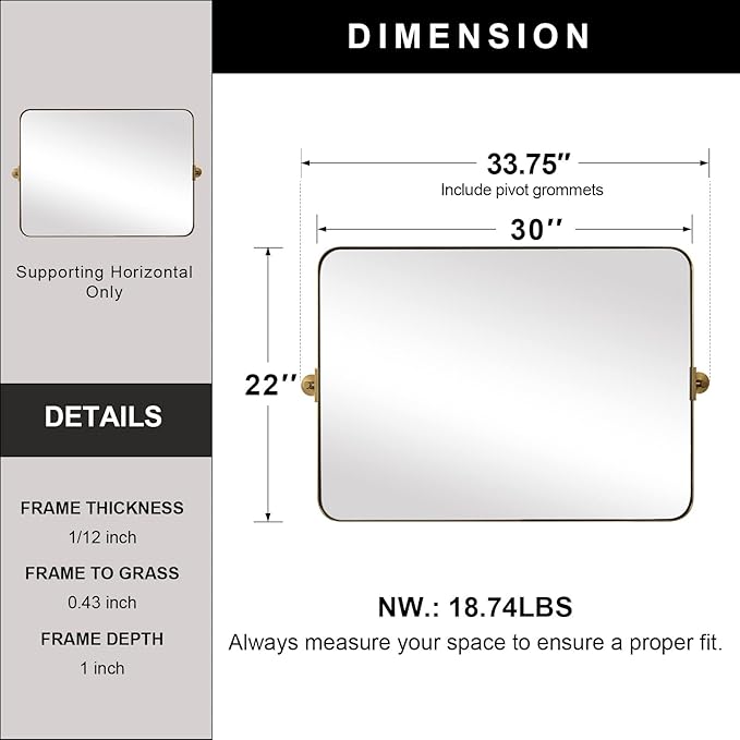MOON MIRROR 30" x 22" Brushed Gold Rectangle Bathroom Mirror, Tilting Rounded Rectangular Metal Framed Pivot Wall Mirror, Hangs Horizontally Only(Overall 33.75" x 22")
