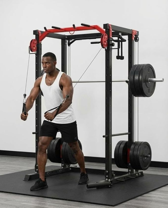 Power Cage with LAT Pulldown & Cable Crossover System, 2000LBS Multi-Functional Power Rack, All-in-1 Weight Cage Home Gym with Adjustable Pulley System, Squat Rack for Garage, Home