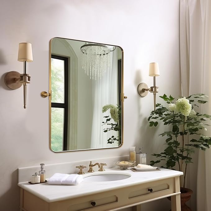 MOON MIRROR Brushed Gold Pivot Mirror,Brass Tilt Rectangle Pivot for Bathroom, Overall 28.33 x 32 in (Mirror 24x 32 in)