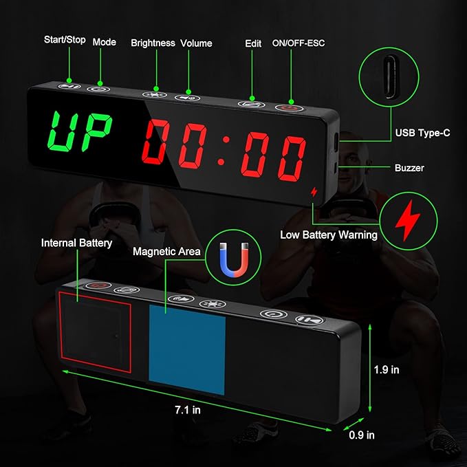 Gym Timer, Portable, Interval Timer with Rechargeable Battery and Built-in Magnet, LED Digital Anti Vertigo Display, Upgraded Workout Clock for Home Gym Garage Fitness
