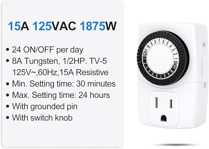 Baomain 2-Pack Indoor Mini 24-Hour Mechanical Outlet Timer, 15A 125VAC ON/Off Single Outlet,3-Prong Plug Timer BND-60/U47,ETL Listed