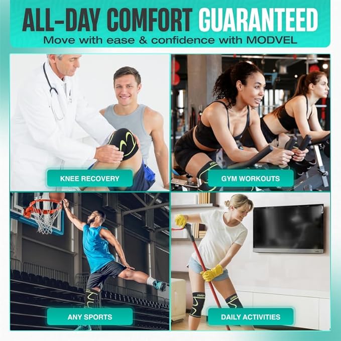 Modvel 2 Pack Knee Brace for Women & Men - Workout Knees Compression Sleeve for Knee Pain Relief Joint Support for ACL, Arthritis, Meniscus Tear Knees Brace for Sports, Rodilleras para Gym Fitness