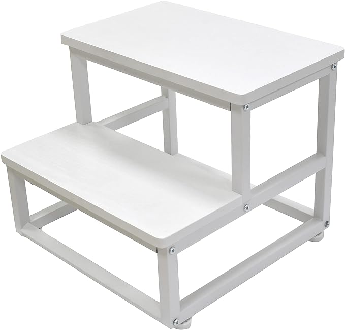 Nursery Step Stool, Wooden and Metal Foot Stool for Adult Kid, Steps for High Beds with Round Corners, Small Stepping Stool for Bedroom Kitchen, Load 500 LB, White